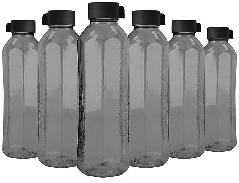 Plastic Water Bottles 6 Pack 1L Juice Bottles Reusable Smoothie Drink Bottles w/Lids Fridge Door Storage Beverage Table Water Serving Bottles Screw Cap Outdoor Sports Gym Transparent (Black-Frosted)