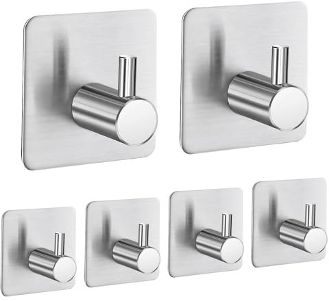 Ruimooto Handtuchhalter Ohne Bohren Set mit 6 Silber Haken Selbstklebend,Selbstklebender Handtuchhaken für Bad und Küche,Silber