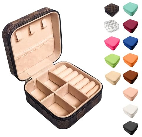 Jemjosh Kleine Reise-Schmuckschatulle, tragbare Mini-Schmuckschatulle, Lederbox, Schmuck-Ring-Organizer, Aufbewahrungsbox, Geschenkboxen für Mädchen und Frauen, schwarzes und braunes Schachbrett