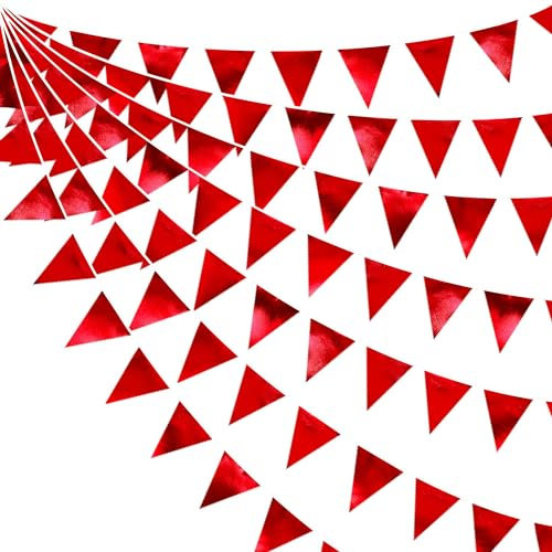 32Fuß Rote Stoff-Dreiecksbanner-Flagge Doppelseitig Metallisch Holografischer Wimpel Wimpelkette Girlande für Jahrestag Geburtstag Hochzeit Brautparty Verlobung Valentinstag Liebesparty-Dekorationen