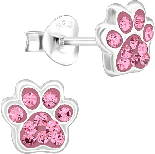 JAYARE Kinder-Ohrringe Silber 925 Mädchen Pfoten-Ohrstecker Hunde Katzen Glitzer-Kristalle