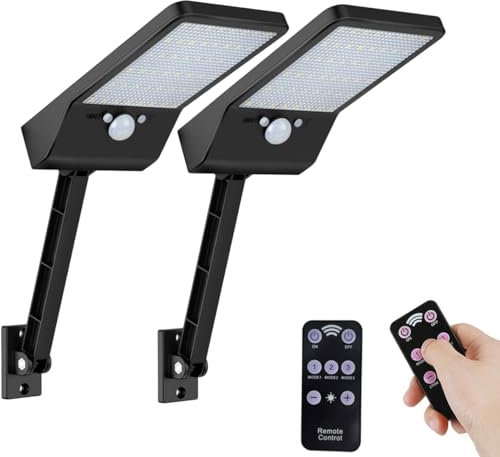 Luz Solar Exterior, LED Pared Solares Jardín con Sensor de Movimiento con 3 Modos Ajustables IP65 Farolas Potente Impermeable con Control Remoto (2 Piezas)