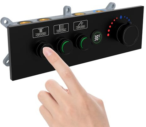 Concealed Thermostatic Brass 3 way Outlet Function Push Button Shower Diverter Flow Control Temperature Display Mixer Valve Black