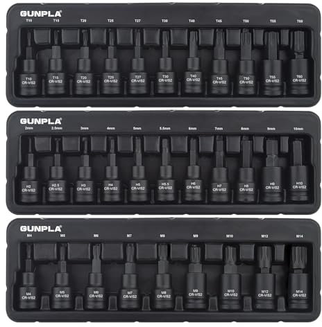 Gunpla 3/8 Inch Drive Impact Bits Sets Heavy Duty CR-V, S2 Steel Impacted Shallow Metric 31pcs Hex 2-10mm, Torx T10-T60, Spline M4-M14 Star Allen Bit Tools