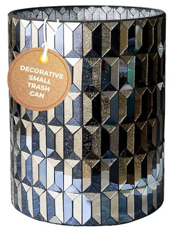 Escenzy Modern Bathroom Trash Can Mosaic Glass 6L | Decorative Small Garbage Can | 8 x 10 | Luxury Waste Basket for Bathroom, Office, Bedroom & Kitchen | Shiny Black and Gold Bathroom Accessories