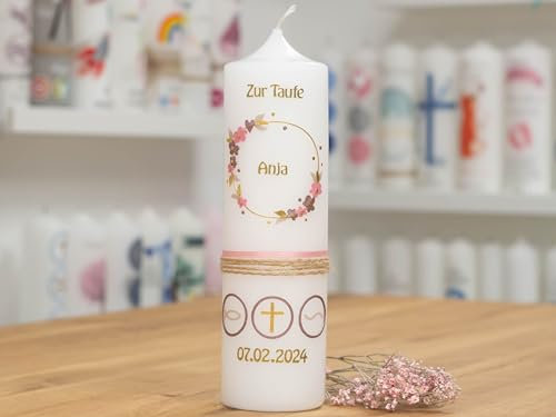 meinkerzenshop Taufkerze ANJA personalisiert mit Name und Datum, individuell und mit Echtwachs handverziert für Junge und Mädchen