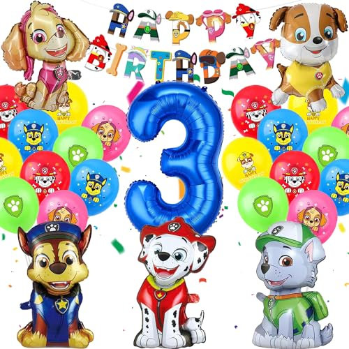 YISKY Dog Cartoon Luftballons Geburtstag Deko 3 Jahre, Hund Geburtstagsdeko 3 Jahr Ballon, Paw Luftballon Geburtstag 3 Jahre, Happy Birthday Banner für 3 Jahre Kindergeburtstag Partydeko