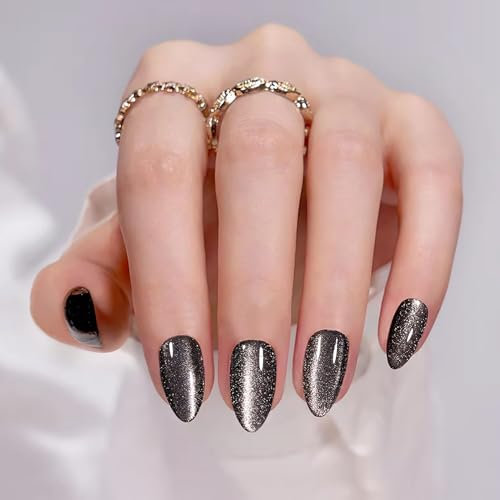 24Pcs Almond False Nails Short - Glitter Cat Eye Stick on Nails - Black Fake Nails with Glue Press on Nails - Full Cover Acrylic Nail Tips for Women Girls DIY Manicure Nail Art