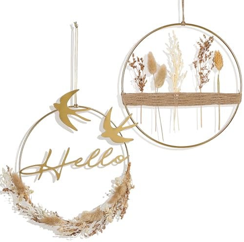 Optyuwah Trockenblumenkranz mit Gold Metallring, 2er Hängen Türkranz Trockenblumen Boho Fensterdeko Ganzjährig BlumenkranzTrockenblumenring für Wand,Tür,Fenster Deko