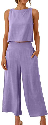 AEGJEGVD 2 Teiler Hosenanzug Damen Elegant Zweiteiler Outfit Einfarbig Sommer Ärmelloses Tank Top und Hose Trainingsanzug Baumwolle Leinen Freizeitanzug mit Taschen Sportanzug Leicht Loungewear 2024
