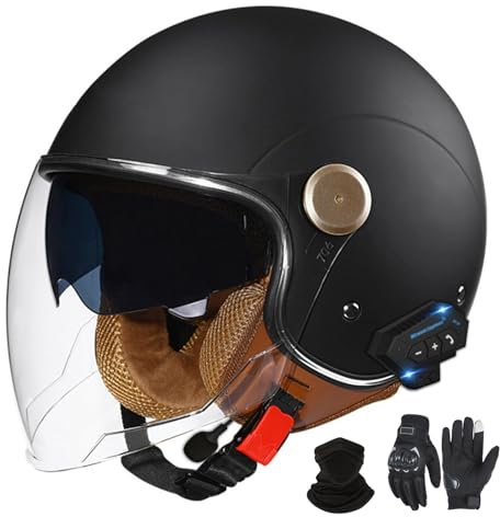 GNIUBBDB Bluetooth-Motorrad-Jethelm, Retro-Halbhelm im Deutschen Stil, 3/4-Rollerhelm für Erwachsene, ECE-zugelassen, mit Doppelvisier, Motorrad-Moped-Helme B-4,M (57-58cm)