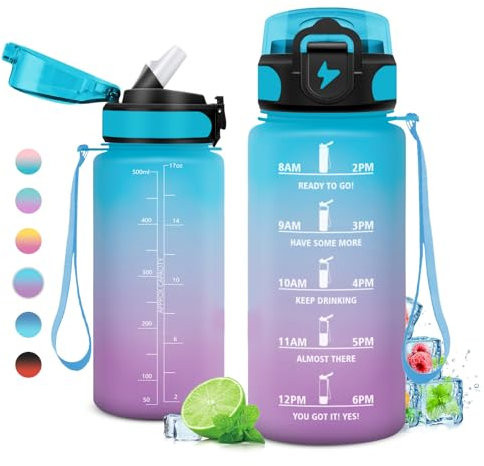 Gourde Enfant 500ml, Gourde Sport, Gourde avec Paille Réutilisable, Bouteille d'eau avec Marqueur de Temps, Water Bottle pour Enfant, l'école, Cyclisme, Voyage, Camping, Fitness, Yoga, Bureau