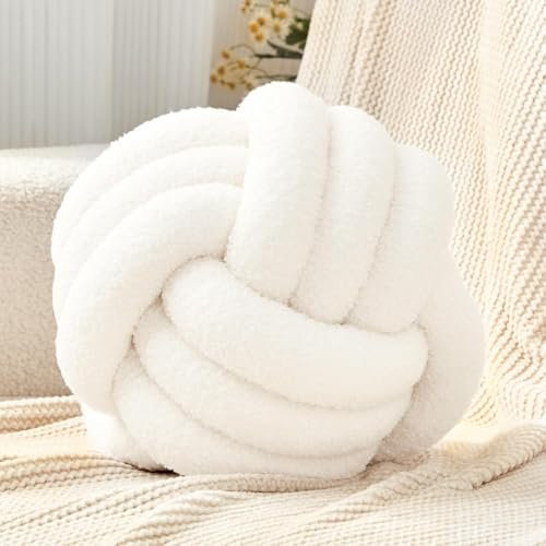 Neegaurd Rund Knotenkissen, 28cm Ball Dekokissen Beige Weiß, Boucle Knoten Zierkissen Aesthetic Sofakissen aus Lamm Samt, Bett Deko Kissen Runden für Kind Schlafzimmer