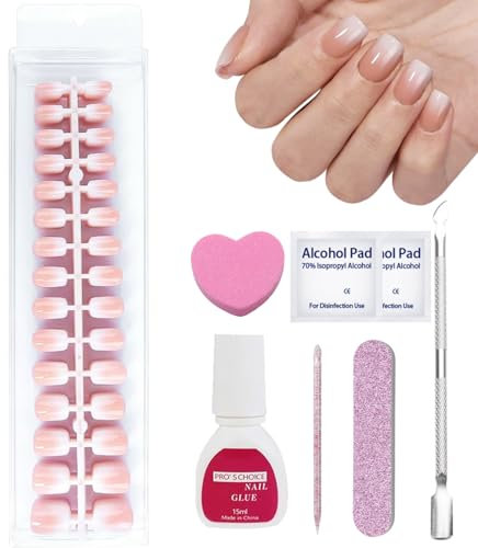 240 Stück Nude Gradient Soft Gel Press On Nails - Nude Short Square Nägel zum Aufkleben, Full Cover Nageltips Set - Glossy Künstliche Nägel, Natürliches & angenehmes Tragegefühl für Frauen und Mädchen