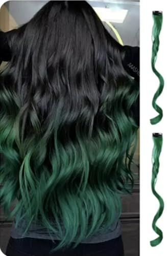 2 x Clip-In Hair Extension Highlights Streaks, Colourful Hair Highlights (Curly Dark Green x 2)