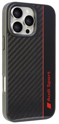 Audi Sport Handyhülle - Kompatibel mit iPhone 16 Pro Max - Stoßabsorbierende Hülle mit Carbon - mit präzisen Aussparungen für Kamera, Anschlüssen & Tasten - Schwarz mit roten Details