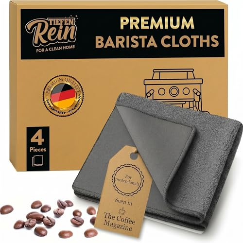 TIEFENREIN Barista Tuch Set - 4 Stück Grau - Kaffeemaschine Reinigungstuch | Premium Barista Tücher Set für Reinigung der Siebträgermaschine - 30x30 cm Barista Lappen extra saugstark - Mikrofasertücher