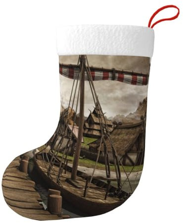 Hgbbdyyjj Old Viking Boat Personalisierte Weihnachtsstrümpfe für Herren und Damen, Weihnachtsstrümpfe, weiches Polyester, dekorative Socken, Schwarz , Einheitsgröße