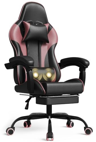 Devoko Sedia Gaming Massaggiante con Poggiapiedi Telescopico, Ergonomico Sedia da Ufficio, Schienale Regolabile 90-135°, Sedie da Gamer con Cuscino Lombare & Poggiatesta, Portata 150 kg (Rosa)