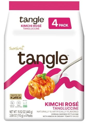 Samyang Tangle Kimchi Rosé Tangluccine - 4 Pack | Korean Fettuccine Noodles with Creamy Rosé & Kimchi Sauce | Quick, Easy & Delicious Instant Meal, 110g Per Pack | Authentic Korean Flavor