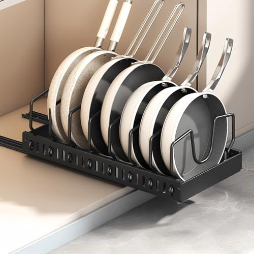 Zjyufy Organizador de Ollas y Sartenes 2 unidades, Extensible Organizador Tapas Ollas con 8 Compartimentos Ajustable, Soporte Tapas Ollas y Sartenes para Cocina, Negro
