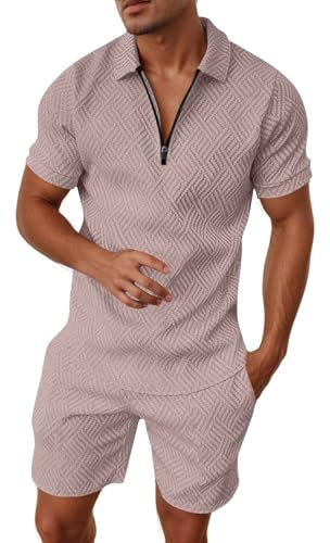 Generisch Zweiteiler Herren Sommer Kurz Sportanzug Fitness Sportkleidung Mode 2 Teiler Herren Sommer Kurzarm Tshirt,Baggy Shorts Freizeitanzug Streetwear Activewear-Sets (02-Rose Gold, XXXXXXL)