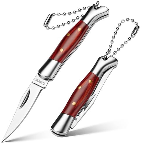 SPITZKANTE Klein Klappmesser – Mini Zweihandmesser aus 420C Stahl, §42a konform, Small Schlüsselanhänger EDC Taschenmesser mit Holzgriff, Kugelkette, für Paketöffnung