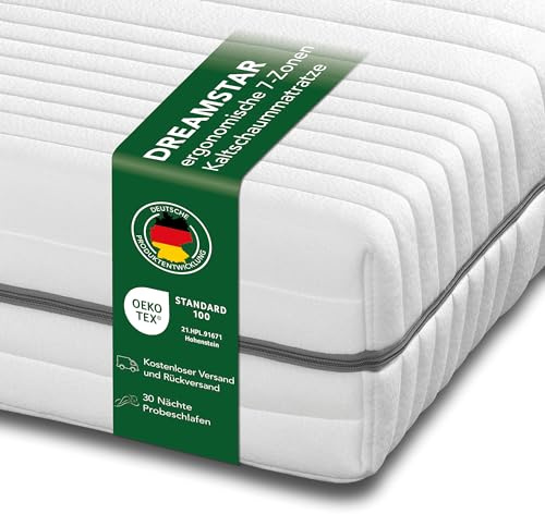 DREAMSTAR Kaltschaummatratze Vital Silber XXL 24 cm hoch| Ergonomische 7-Zonen Matratze aus Kaltschaum |Härtegrad 2 (H2) Öko-Tex Zertifiziert | Hypoallergen & Antibakteriell | 100 x 200 cm