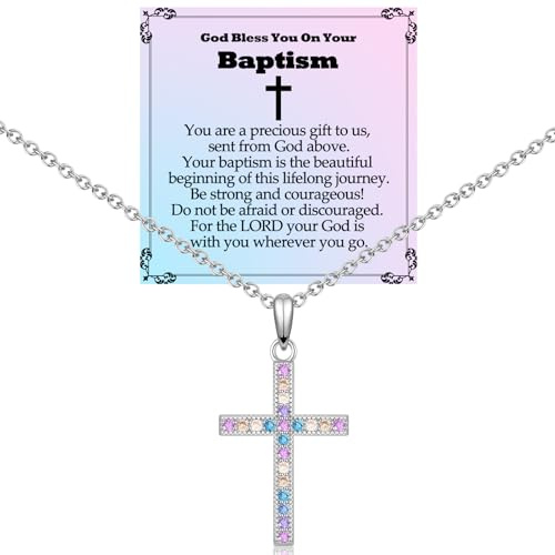 ADVIOK Baptism/Bless/First Holy Communion/Confirmation Gift for Girl Cross Necklace 23 * 16mm Pendant Stainless Steel Chain Pink Blue Yellow Cubic Zirconia for Women 16+2in