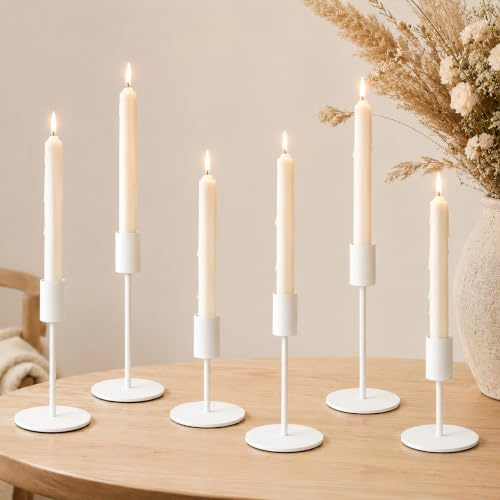 6 Set Kerzenhalter aus Metall, Kerzenständer Stabkerzen 16/14/8.5CM, 3 Verschiedenen Höhen Kerzenständer für für Hochzeit, Tischdeko, Kamindekoration & Abendessen (Weiß)