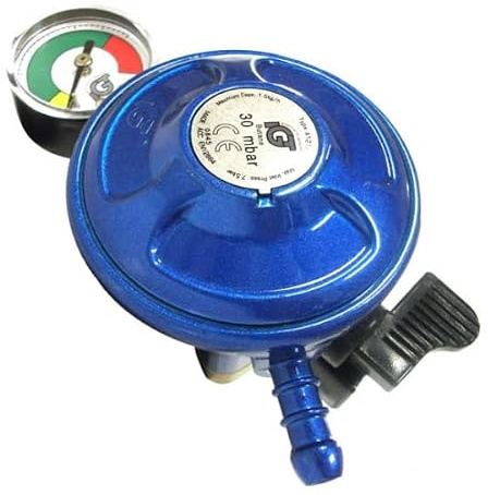 ADVENTURE OUTDOOR SUPPLIES 21mm Clip-On Butane Gas Regulator with Gauge | 30mbar LPG Regulator | 8mm Hose Nozzle | Caravan, Camping Stove, BBQ & Patio Heater Gas Regulator