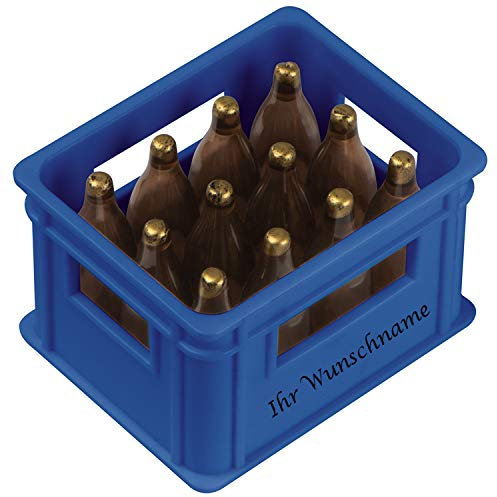 Flaschenöffner mit Gravur / in der Form eines Bierkastens / Farbe: blau