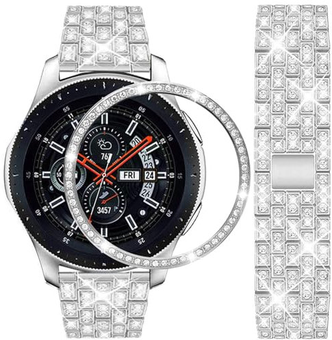 DEALELE Armbänd Kompatibel mit Galaxy Watch 46mm, 22mm Diamant Edelstahl Metall Armband mit Lünette Ring Hülle Ersatz für Samsung Gear S3 Frontier/Classic Damen Herren, Silber