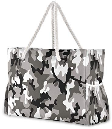 Mnsruu Strandtasche XXL, grau-schwarz, Camouflage-Schultertasche, Strandtasche, Baumwollseilgriffe, Reisetasche für Damen