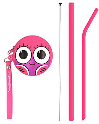 Sweet Dreamers, ECO Friendly Bendies Reusable Silicone Kids Straws in Fun Character Pouch with Cleaning Tool - Pink Tilly Fish