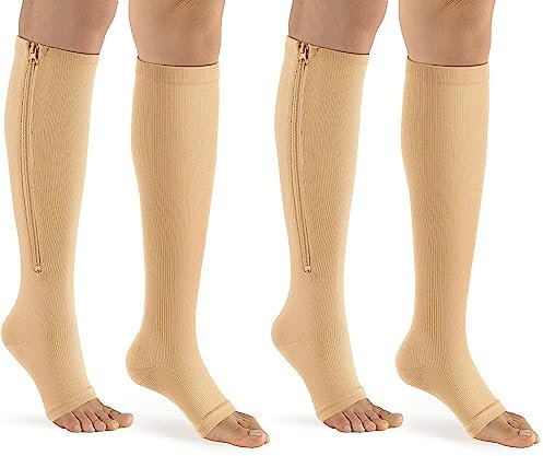 (2 Paare) 15-20 mmHg Medizinische Kompressionssocken mit Reißverschluss Beinstütze mit Reißverschluss Unisex Open Knee