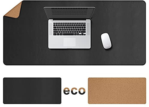 Cacoy 120x60cm Schreibtischunterlage Leder, Kork & PU Leder Doppelseitiges Gaming-Mauspad, Groß Unterlage Schreibtisch, Schreibtischmatte für Büro und Zuhause, Office Desktopschutz (Schwarz)