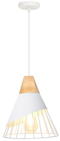 TOKIUS Pendelleuchte Modern Vintage Hängeleuchte Holz Lampenschirm aus Metall E27 Lampenfassung Hängelampe Ø25cm Kreative Deckenleuchte für Schlafzimmer Küche Esszimmer (Weiß - 1 Stück)