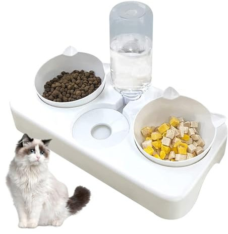 Bol pour Chat 3 en 1, Gamelles pour Animaux, Bol pour Chien Incliné à 8 °, Double Bol de Nourriture pour SéParation SèChe et Humide et Abreuvoir Automatique (Blanche)