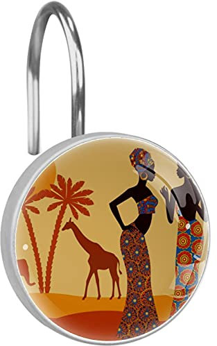 Lot de 12 crochets pour rideau de douche Motif femme africaine tropicale Noir