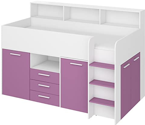 BIM Furniture Etagenbett NEO P Kindermöbel, Möbelset für Kinderzimmer, EIN Bett mit Schreibtisch, Regalen, Schubladen: Rechte Seite (weiß/Lavendel), 80 x 200 cm