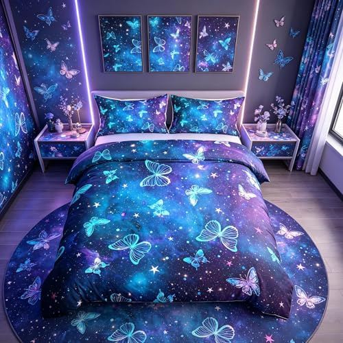 Loussiesd Butterfly Bedding Set Kids Universe Galaxy Butterflies Comforter Cover Set for Boys Girls Purple Blue Outer Space Duvet Cover Breathable Starry Sky Bedspread Cover Bedroom Super King