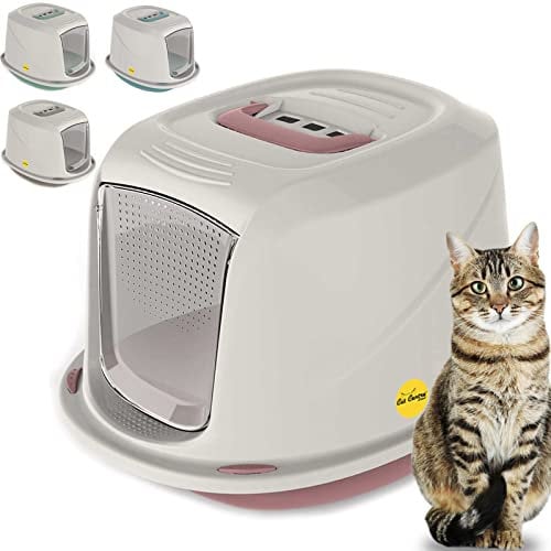 CAT CENTRE Jumbo Pink Cat Hooded Litter Tray High Sided Rim Big Extra Spacious Long Wide Adult Big Cats XL Toilet Enclosed Box Pan Loo Charcoal Filter Flap Door Lidded Detachable Hood Easy Cleaning