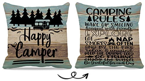 Camping-Thema, 45.7x45.7 cm, Campingregeln, Happy Camper, Vintage, wendbarer Kissenbezug, rustikales Zuhause, Wohnmobil, Campingplatz, Sofa, Couch, Bett, Geschenke für Camper, Camping-Liebhaber