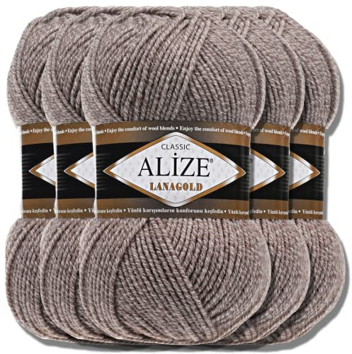 Alize 5 x 100g Lanagold Türkische Premium Wolle Baumwolle und Acryl Handstrickgarne | Yarn | Garn | Strickgarn Accessoire Baby zum Häkeln Stricken Kleidung Schals (DUE Beige | 650)