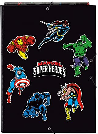 Avengers Super Heroes - Folio-Ordner mit 3 Klappen, ideal für Kinder verschiedener Altersgruppen, bequem und vielseitig, Qualität und Widerstandsfähigkeit, 26 x 36,5 cm, Schwarz