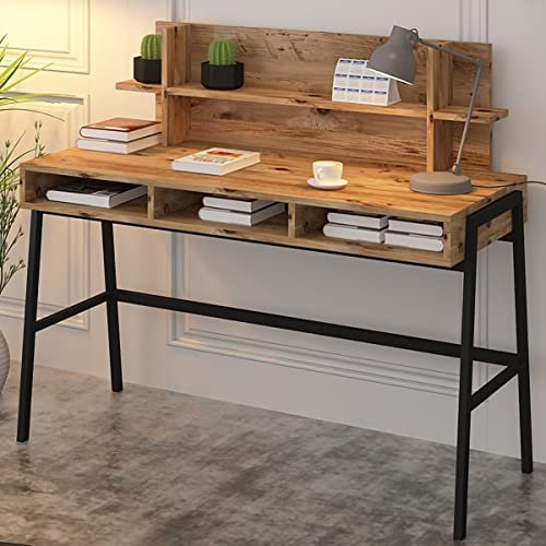 KAUFENET Loft Atlantische Kiefer Schreibtisch mit Regal, Computertisch, mit Schubladen und Büroschreibtisch, für Büro, Ecktisch Heimbüro Spieltisch mit Regalen platzsparend 120x108,5x52 cm (B/H/T)