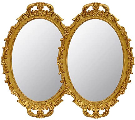 2 Pack - Vintage Decorative Gold Framed Mirror, Wall Hanging Mirrors & Tabletop Tray for Bedroom Living Room Dresser Decor, Oval- 9.6 W x 14.3 L (GOLD-2PACK)