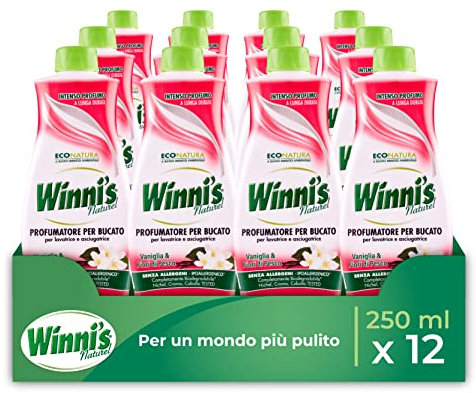Winni's - Profumatore Bucato Ipoallergenico per Lavatrice e Asciugatrice, Fragranza alla Vaniglia e Fiori di Pesco, con Materie Prime di Origine Vegetale e Bio, 250 ml x 12 Confezioni