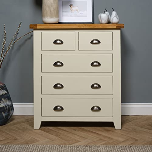 Elm home and garden Oak Painted Cream Off White 2+3 Drawer Chest Of Drawers Wide Large Fully Assembled